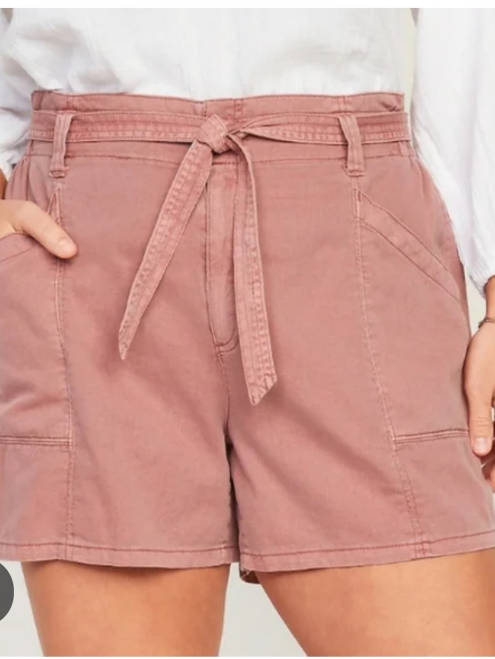 Old Navy High Rise Workwear Belted Shorts Twill Elastic Waist Dusty Red Size M